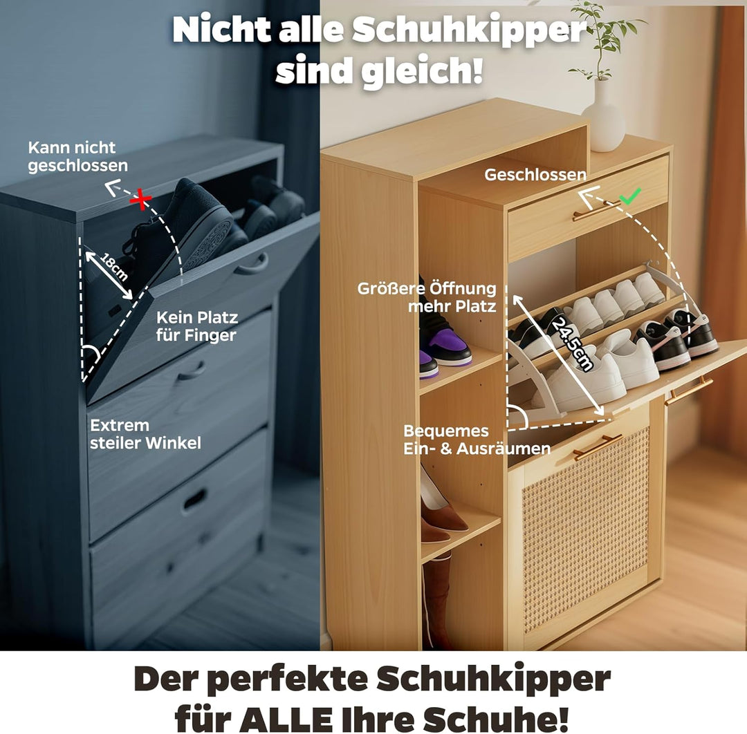 Schuhschrank schmal Holzoptik & handgefertigtes Rattan, moderner Schuhschrank mit Schublade – für Fl