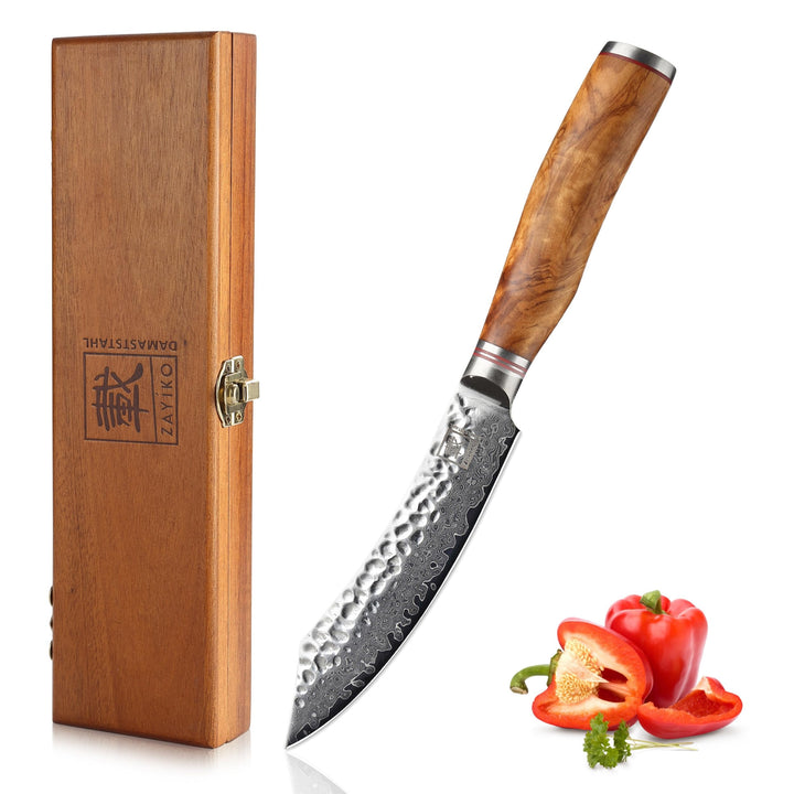 zayiko Minami Damast Steakmesser mit 12 cm Klinge aus 67 Lagen Damaststahl, VG10 Kern, Hammerschlag,