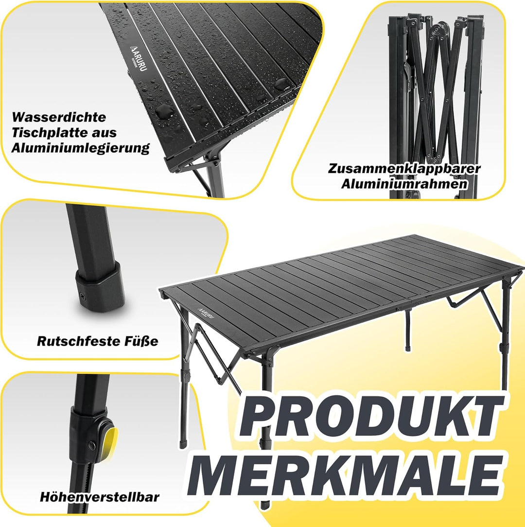 Campingtisch 128×60.5cm Höhenverstellbar Aluminium Klapptisch Tisch Camping Picknicktisch Schwarz, S