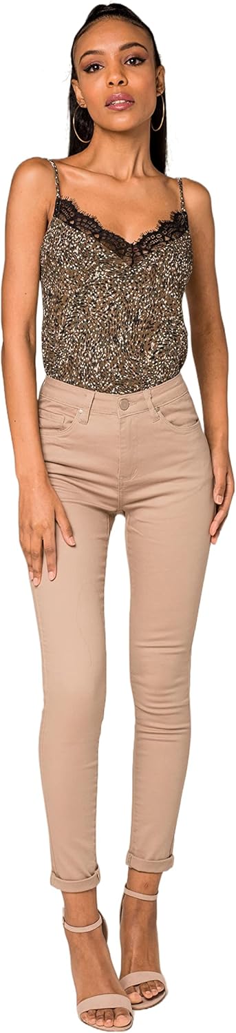 Nina Carter P109 Damen Skinny Fit Jeans High Waist Slim Hose Figurbetonte Stretch Jeanshose M Taupe