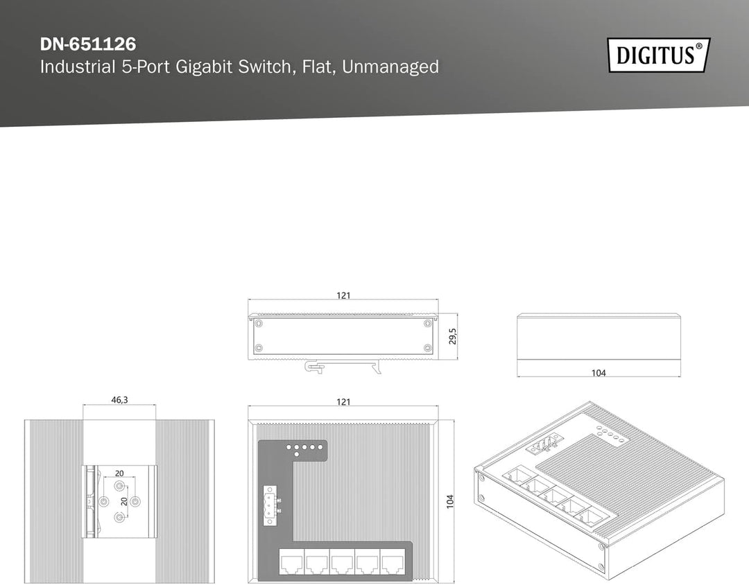 DIGITUS Flat Netzwerk-Switch - 5-Port Gigabit Ethernet - DIN-Rail Montage - Klemmleiste - Lüfterlos