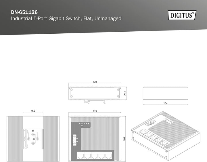 DIGITUS Flat Netzwerk-Switch - 5-Port Gigabit Ethernet - DIN-Rail Montage - Klemmleiste - Lüfterlos