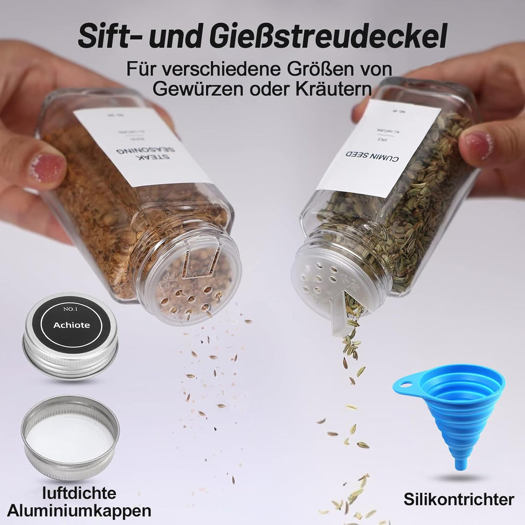 Viymgit Gewürzregal Schublade Organizer mit 28 Gewürzgläser, 348 Gewürzetiketten, 4-stöckiges Klares