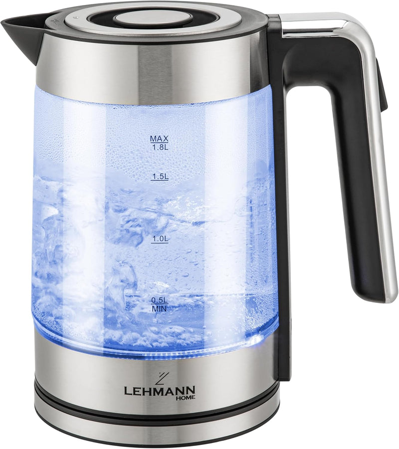 Lehmann LHOEK-2220B elektrischer Wasserkocher aus Glas 2200W, 1,8L Glas-Wasserkocher mit LED-Beleuch