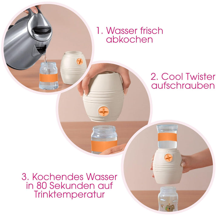 nip Fläschchenwasser-Abkühler Cool Twister: Kühlt kochendes Wasser exakt auf 40, 50, 60 oder 70° ab,