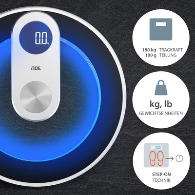 ADE Digitale Körperwaage aus Glas | hochpräzise Ergebnisse | stylische blaue LED-Beleuchtung | LED-D