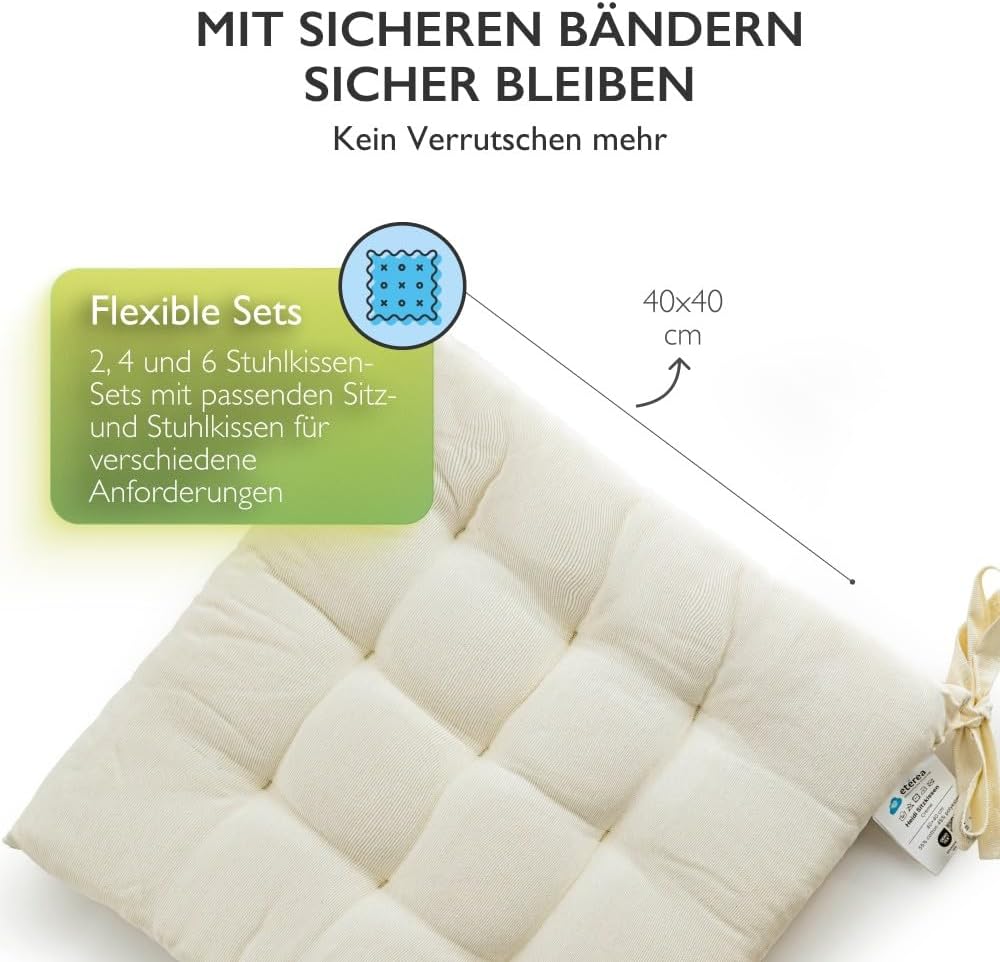 etérea 2er Set Sitzkissen Outdoor 40x40 mit Bändern - Stuhlkissen Creme für Gartenstuhl & Innenberei