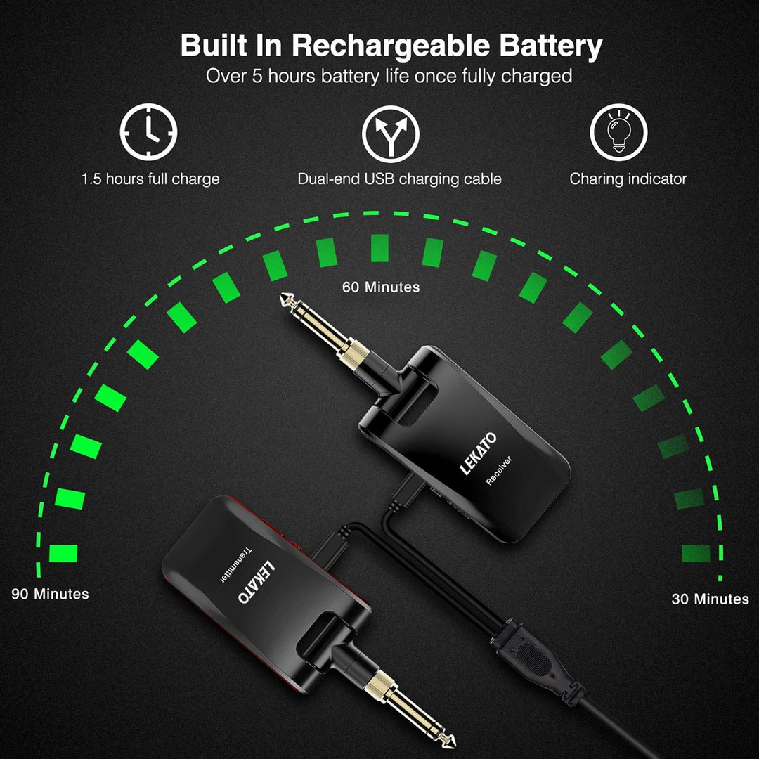 LEKATO Stereo 2.4GHZ Guitar Wireless System Wiederaufladbarer Gitarrensender Empfänger für Gitarren,