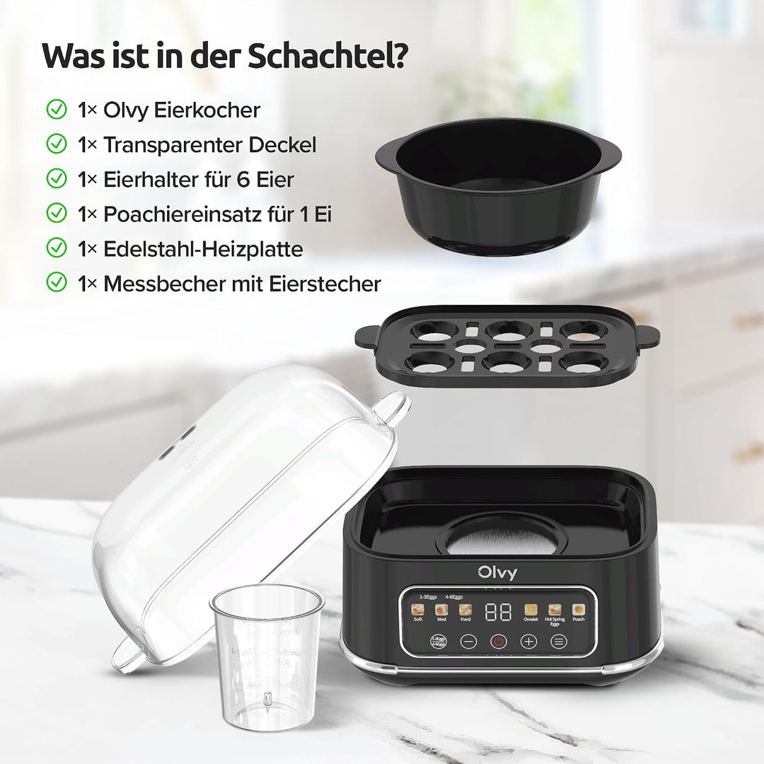 Olvy automatischer Eierkocher 6 Eier – Profi 6-in-1 Eierkocher mit LCD-Timer und Dampfgarer – ideal