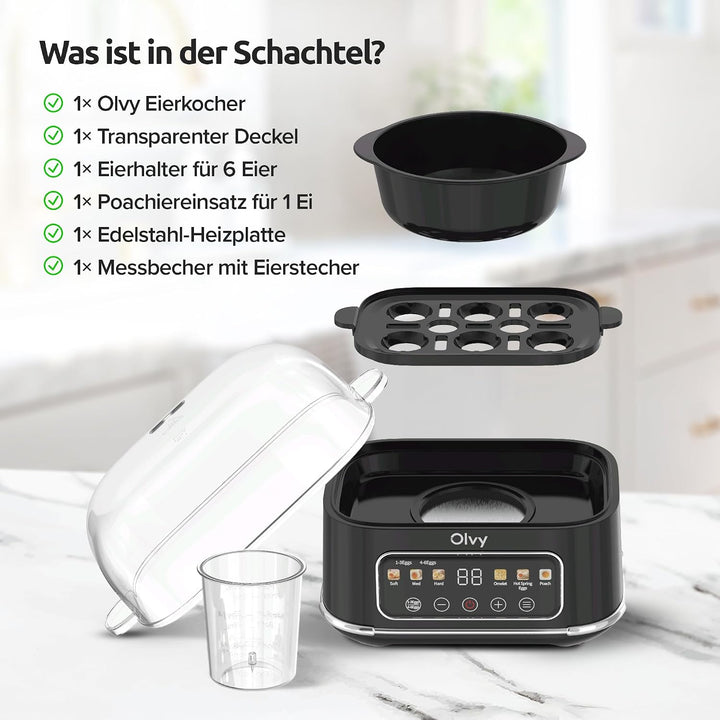 Olvy automatischer Eierkocher 6 Eier – Profi 6-in-1 Eierkocher mit LCD-Timer und Dampfgarer – ideal