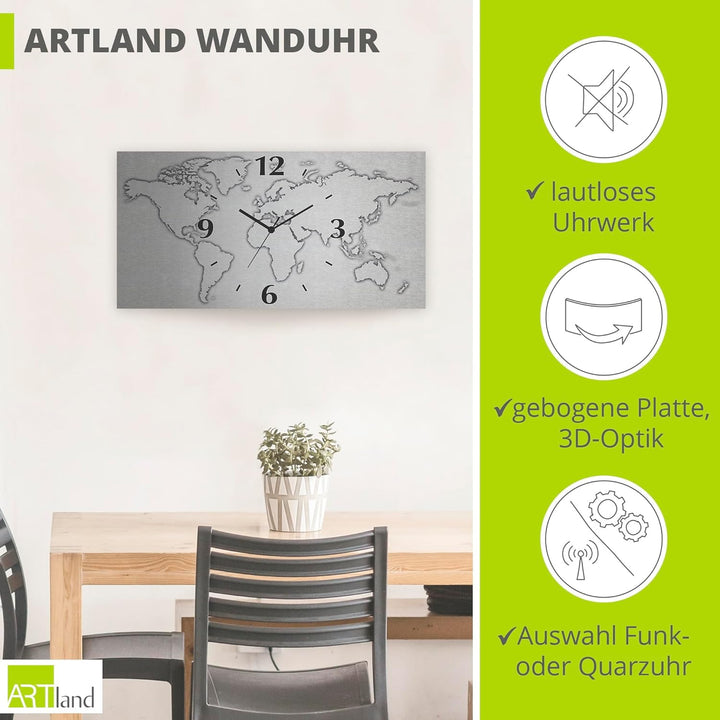 ARTLAND Wanduhr ohne Tickgeräusche Alu Quarzuhr Silber metallic lautlos 50x25 cm Rechteckig Weltkart
