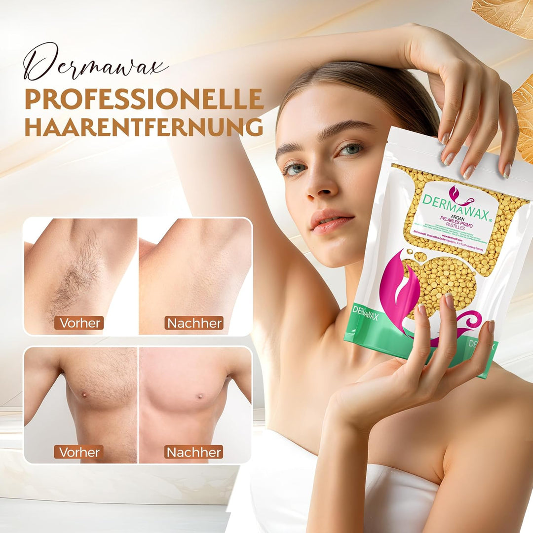 Dermawax Argan Enthaarungswachs - Premium Wachsperlen 1kg Anwendung ohne Wachsstreifen zur Haarentfe