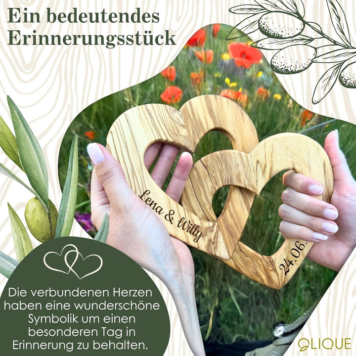 Holzherzen personalisiert, Olivenholz - Verbundene Holz Herzen mit Gravur als individuelles Geschenk