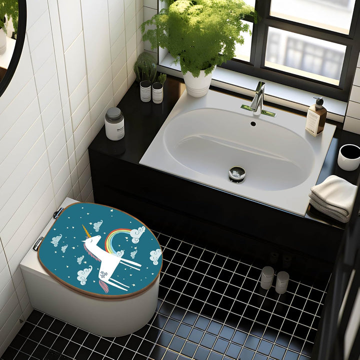 banjado® Design WC Sitz Bambus Absenkautomatik mit Motiv Einhorn/Toilettendeckel mit Absenkautomatik