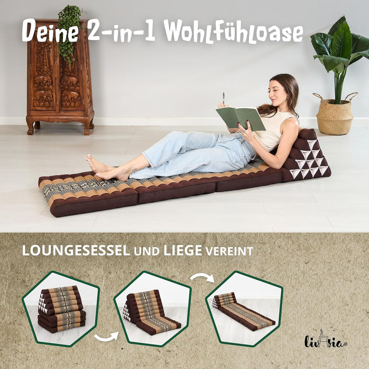 livasia Thaikissen 3 Auflagen extrahoch - 185x55x8cm - Dreieckskissen mit Klappmatratze, Kapok, Jumb