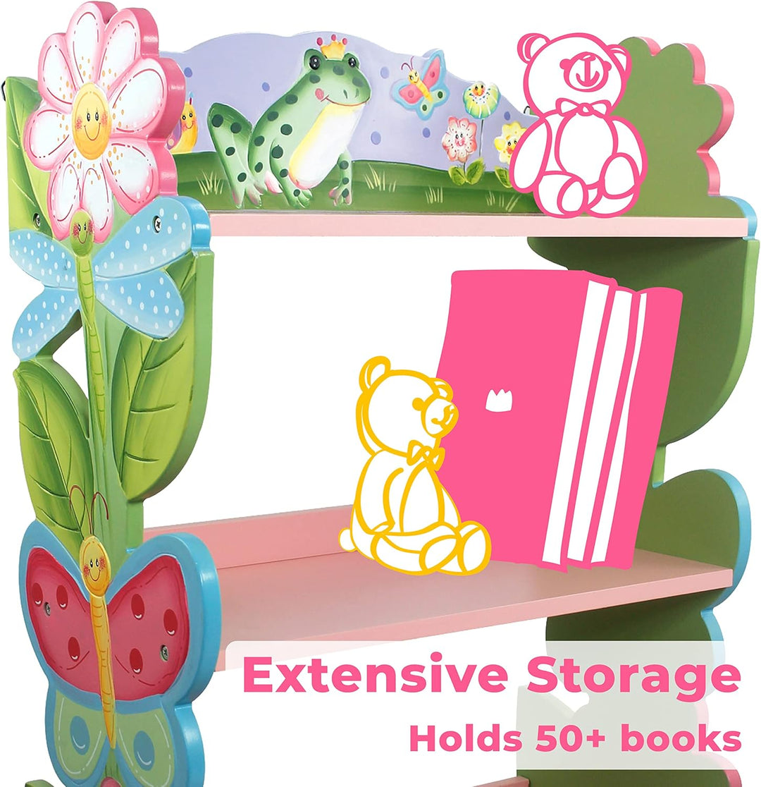 Teamson Kids Fantasy Fields Grosses Magic Garden Kinder-Bücherregal aus Holz, 3-stöckiges Bücherrega