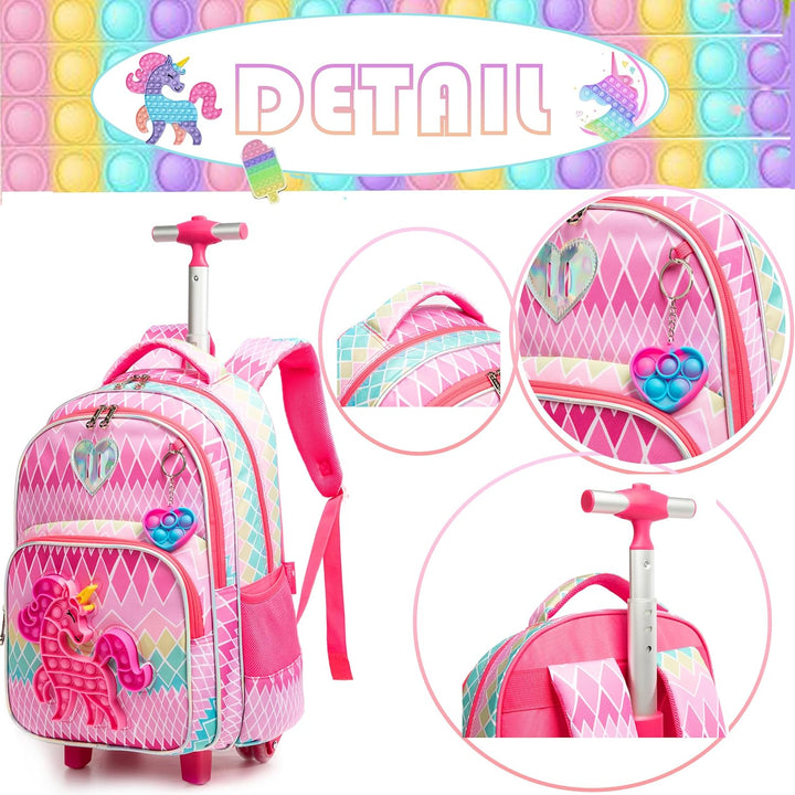 HTgroce Rollrucksack Schulranzen mit Rollen 1. klasse für Mädchen Pop it Rucksack Zoll Set 3 in 1 mi