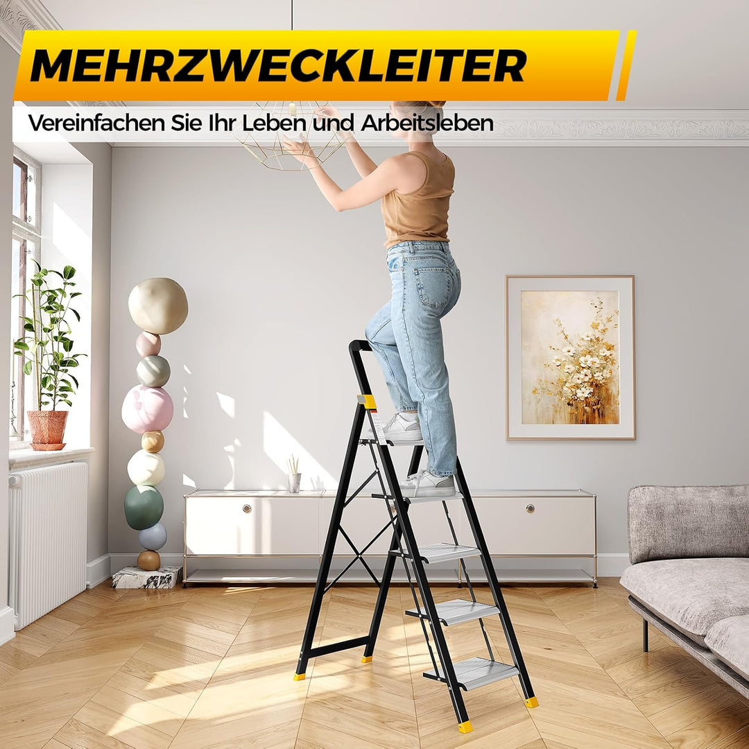 KINGRACK Trittleiter 5 Stufen Klappbar Aluminium, Klappleiter mit Handlauf, Haushaltsleiter Anti-Rut