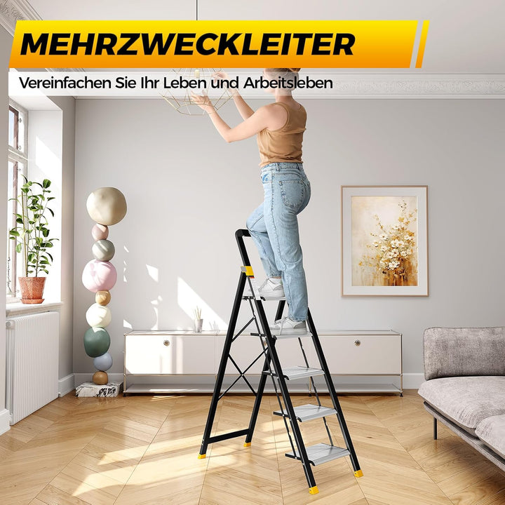 KINGRACK Trittleiter 5 Stufen Klappbar Aluminium, Klappleiter mit Handlauf, Haushaltsleiter Anti-Rut