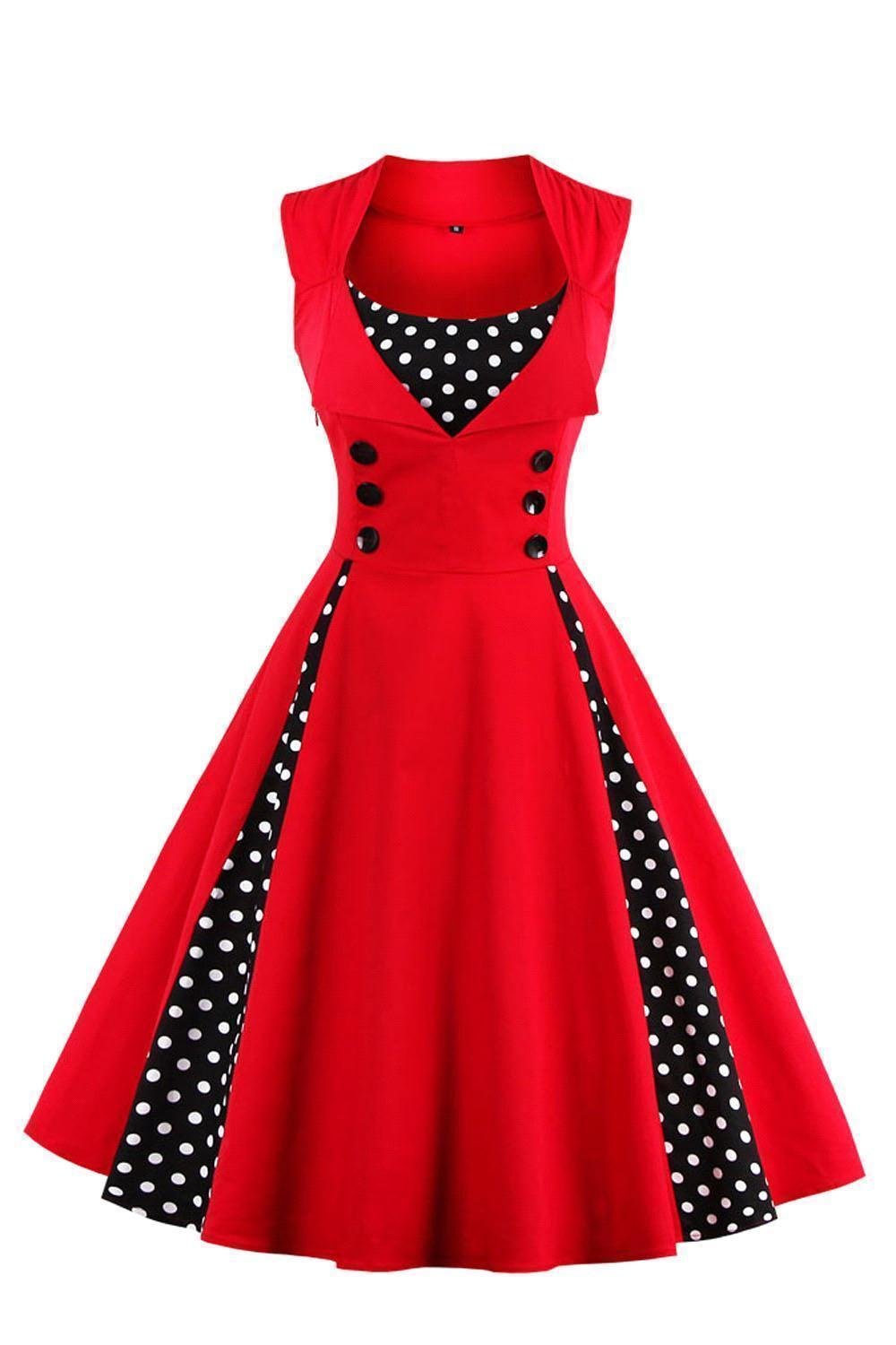Axoe Damen 50er Jahre Kleider mit Gepunkte Rockabilly M Rot-polka Dots, M Rot-polka Dots
