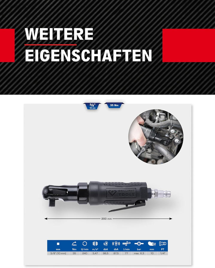 BRILLIANT TOOLS Druckluft Ratsche 3/8" BT160602 35 Nm I Umschaltratsche mit Vierkantantrieb nach DIN