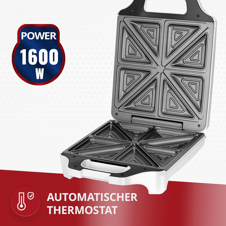 MPM MOP-35 Elektrischer Sandwichmaker für 4 Sandwiches, 8 in Dreiecksform, Antihaftbeschichtete Plat