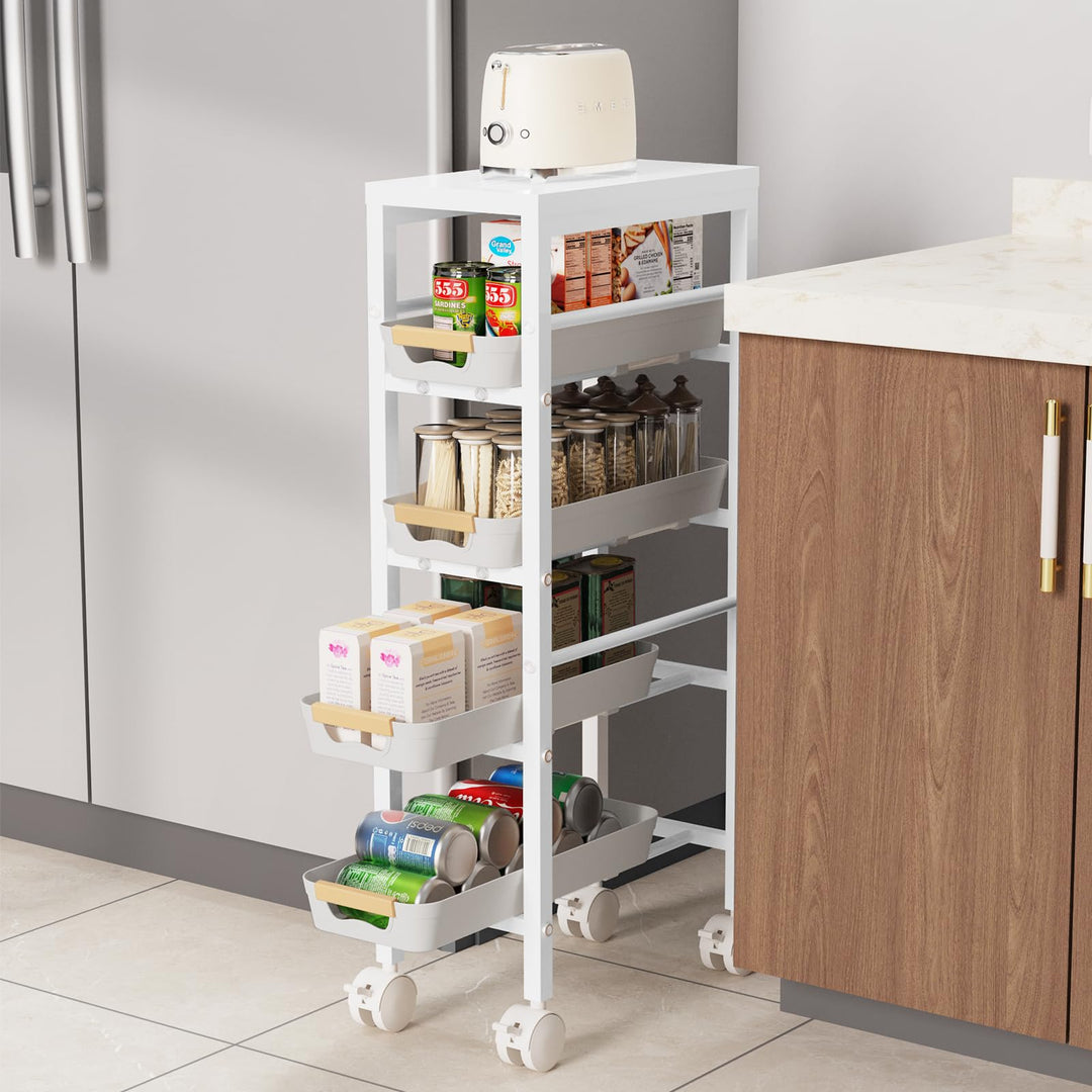 DROMEZ Rollwagen Schmal, 20cm küchenwagen Metall mit 5 Ebenen, Weiss - Nischenwagen auf Rollen mit 4