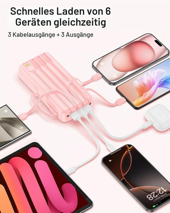 Powerbank 27000mAh mit 4 integrierten Kabel, 30W Power Bank USB C Schnellladefunktion mit LED Displa