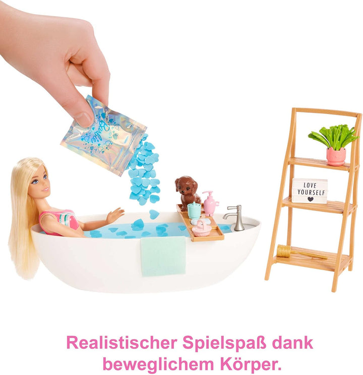 Barbie Self-Care Serie, Konfetti-Bad, Barbie-Puppe mit blonden Haaren, Badeanzug, Welpe,2 Konfetti-S