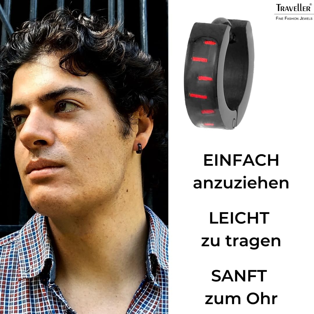Traveller Creolen - Herren - Edelstahl - schwarz - Karbon Rot, Rot