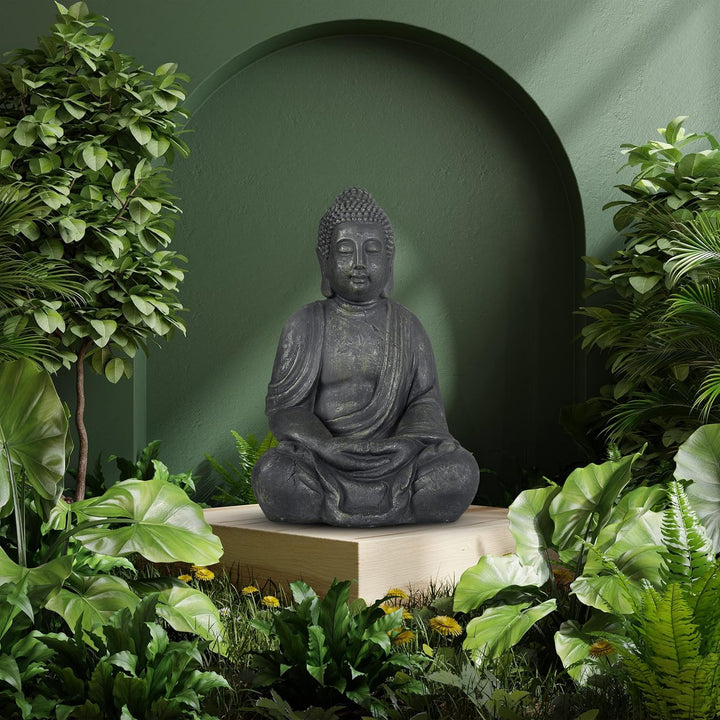 Relaxdays Buddha Figur sitzend, XL 70 cm, Gartenfigur, Vintage Dekofigur Wohnzimmer, wetterfest, fro