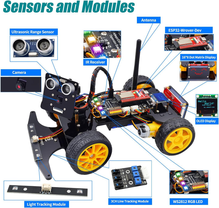 Adeept Smart Car Kit for ESP32-WROVER(Compatible with Arduino IDE), Line Tracking, Obstacle Avoidanc