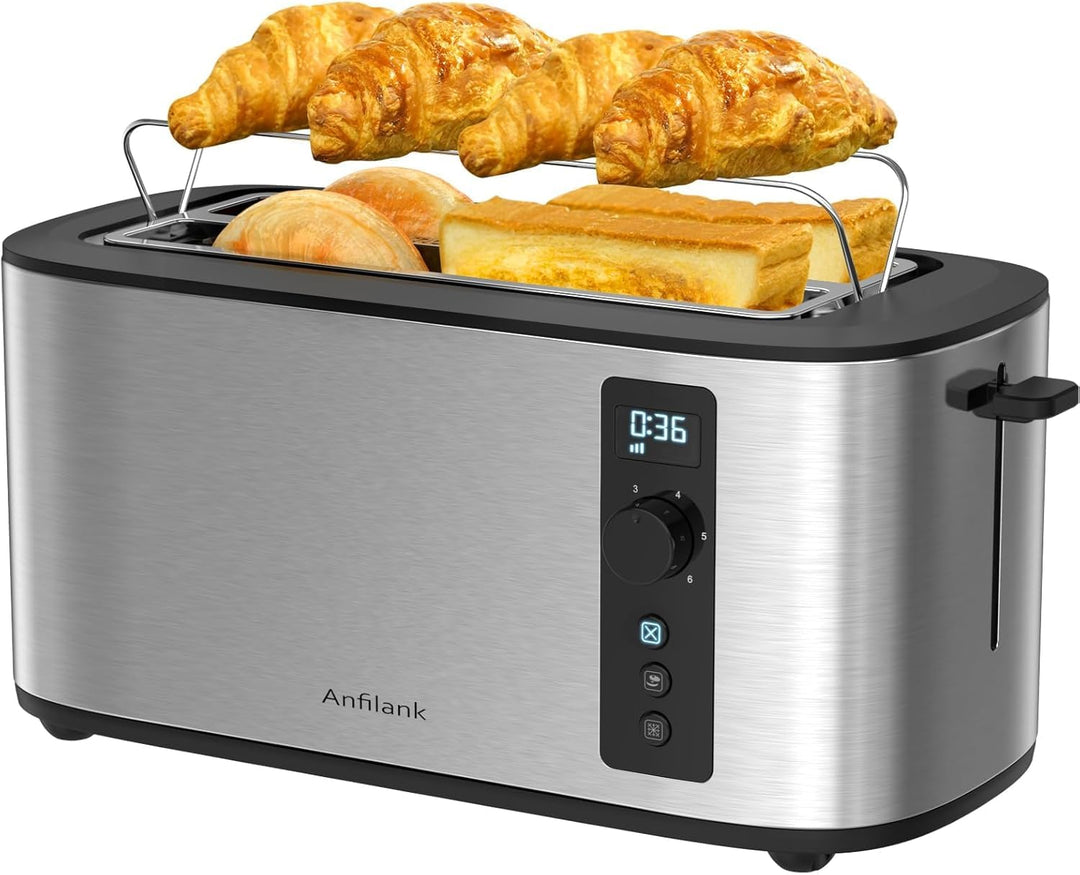 Toaster 4 Scheiben, Countdown-Timer, 6 Bräunungsstufen, integrierter Warmhalterost, Auftau-/Aufwärm-