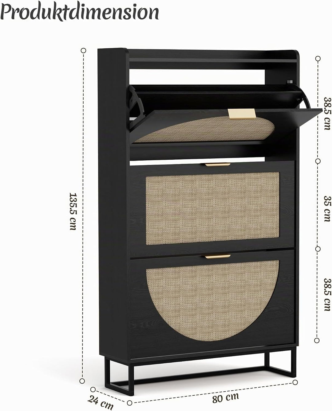 BonVache Schuhkommode mit 3 Klappfächern, Grosser Rattan Schuhschrank Schmal Holz, Schuhaufbewahrung