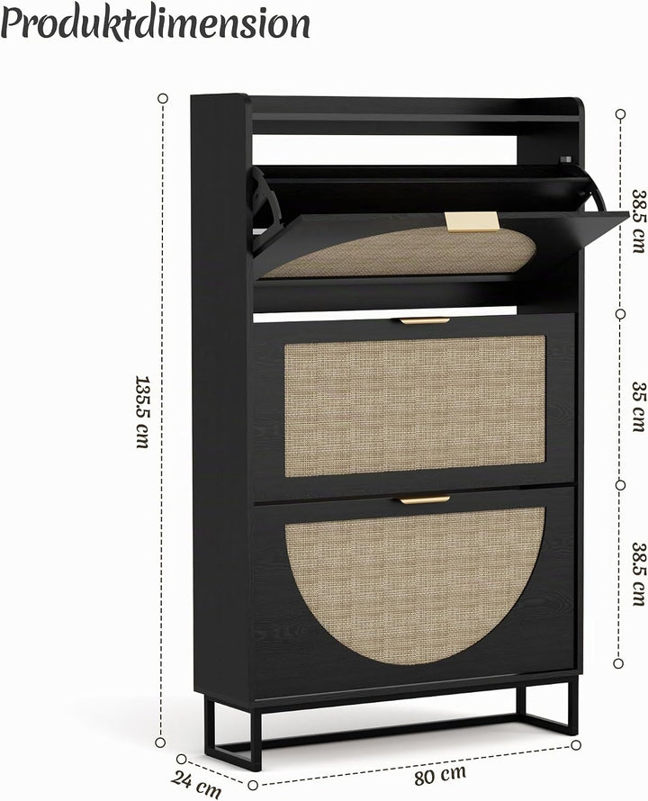 BonVache Schuhkommode mit 3 Klappfächern, Grosser Rattan Schuhschrank Schmal Holz, Schuhaufbewahrung