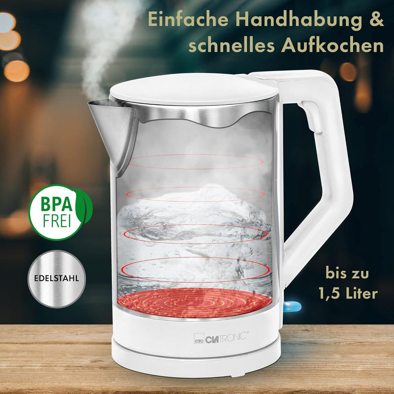 Clatronic® Wasserkocher | 1.5 Liter Füllmenge | Sicherheitsklappdeckel | 2200 W Leistung | verdeckte