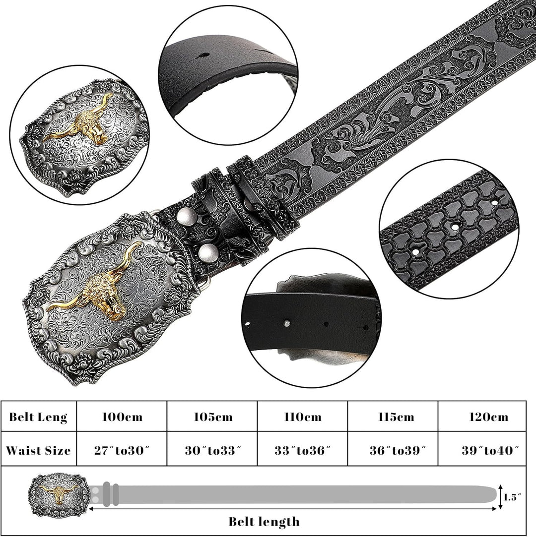Jadive Herren Gürtel Western Cowboy Bull Leder Schnallen Gürtel Longhorn Schnalle mit Blumen Gravur