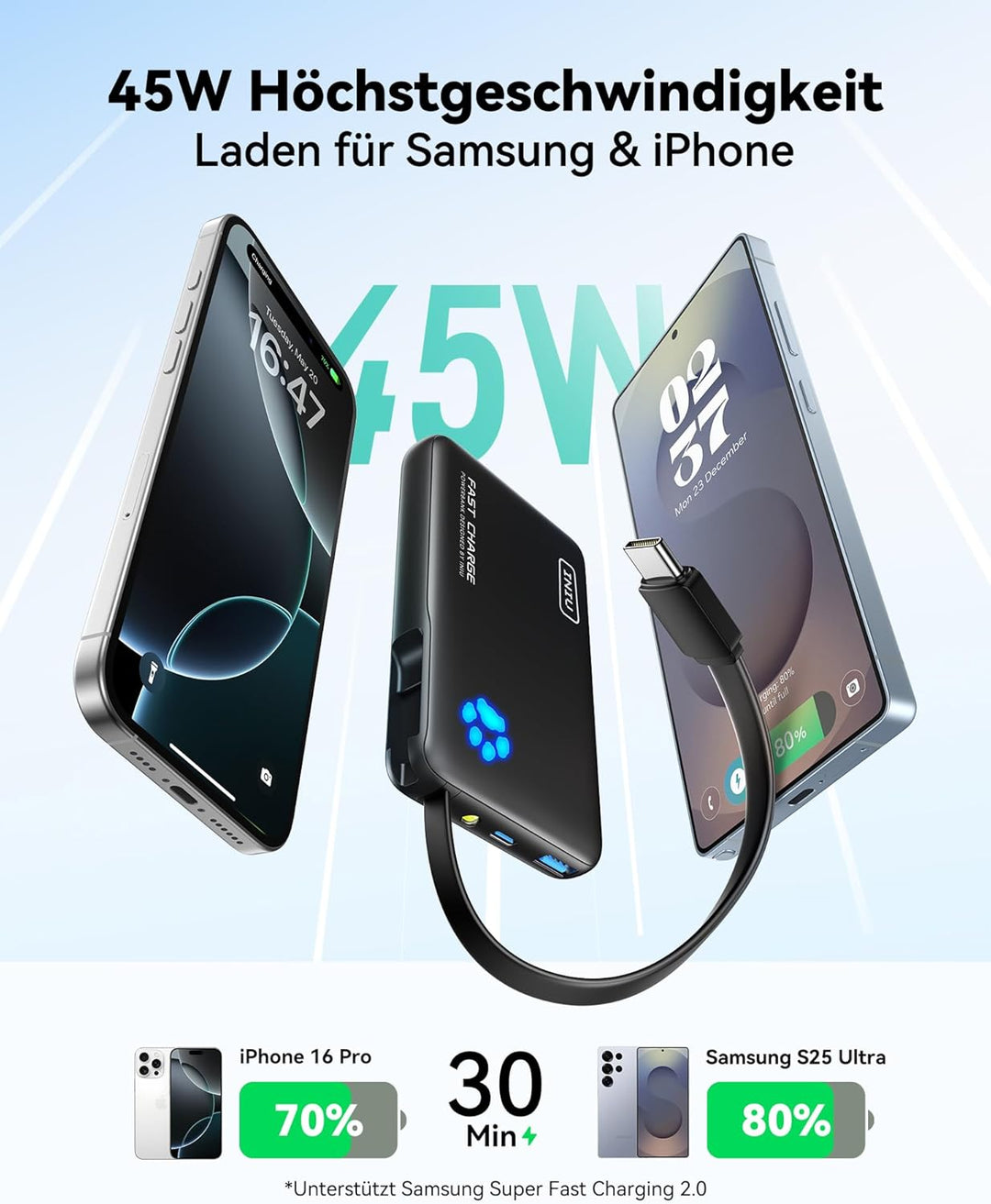 INIU 45W Power Bank, Mini-Grösse 10000mAh PowerBank mit Integriertem USB-C Kabel, Schnellladen Exter