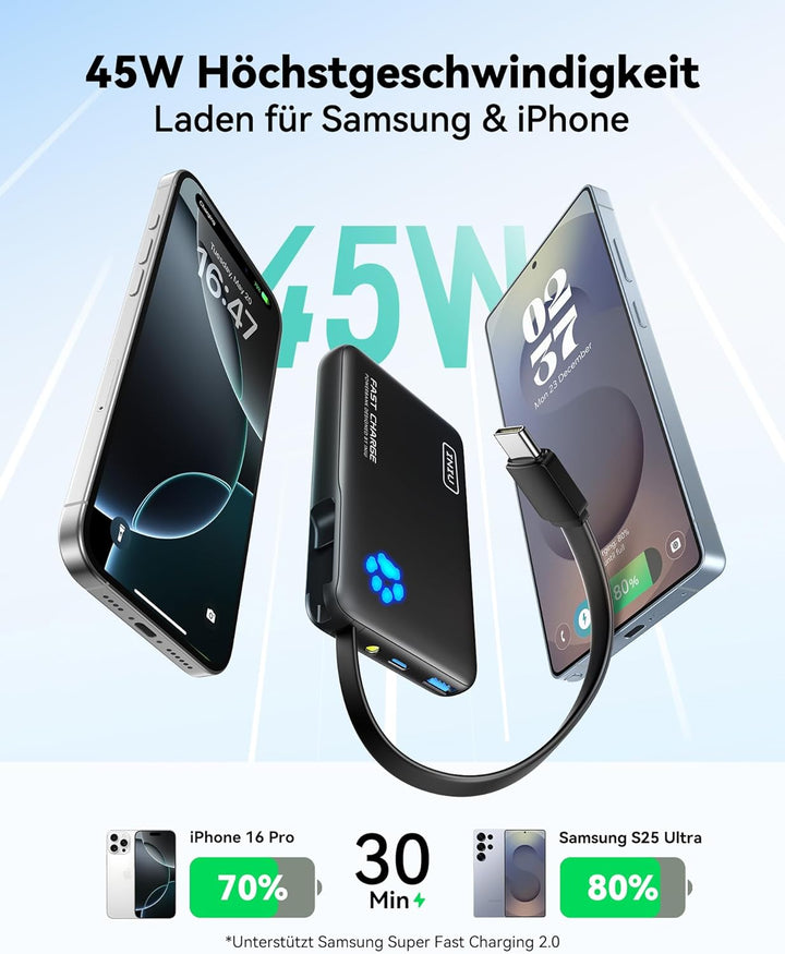 INIU 45W Power Bank, Mini-Grösse 10000mAh PowerBank mit Integriertem USB-C Kabel, Schnellladen Exter