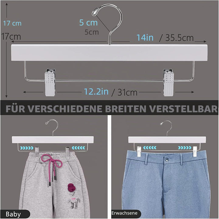 Amber Home 10 Stück 35,5cm Weiss Kleiderbügel aus Holz, Robust und Glänzend Hosenbügel Aufhänger für