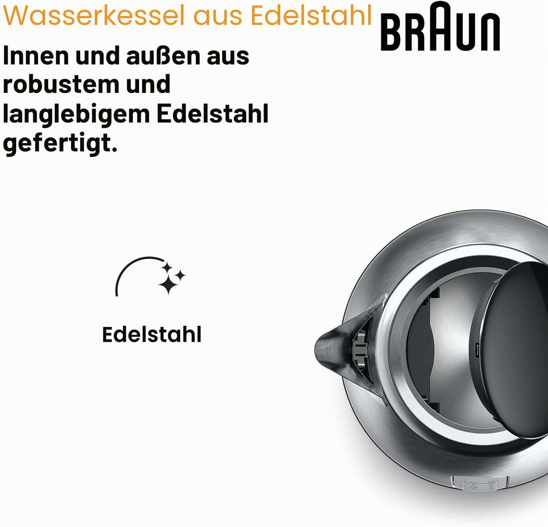 Braun PurShine Wasserkocher WK1500 BK – Teekocher mit 360° Basis, Abschaltautomatik, 1,7 L Füllmenge