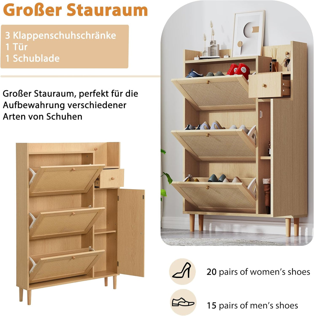 Merax Schuhkipper Schmal, Holzwerkstoff Schuhschrank aus Rattan, Schuhregal mit 3 Klappenschubladen,
