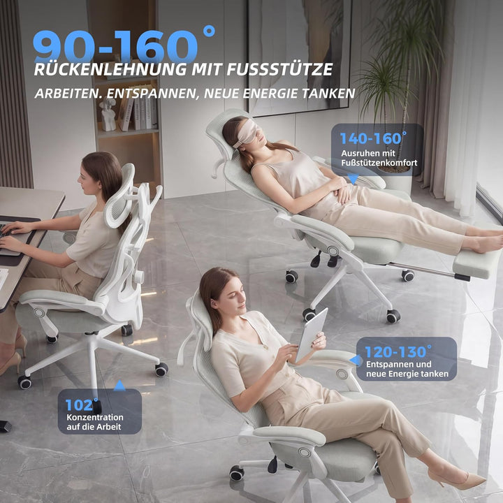 CYKOV Ergonomischer Bürostuhl mit Fussstütze, Büro Stuhl & Gaming Stuhl 150 kg+, 90-160° Verstellbar