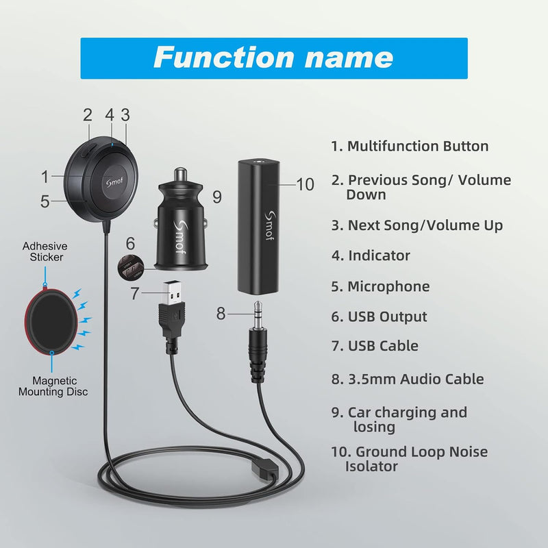 Bluetooth Autoadapter, AUX Bluetooth Adapter für Auto mit Erdungsring, Geräuschisolierung, für Freis