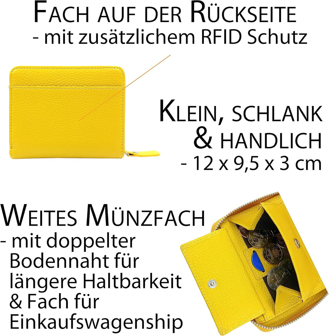 Portemonnaie Damen klein viele Fächer Leder, gelb, Reissverschluss, Münzfach, RFID Schutz | Geldbörs