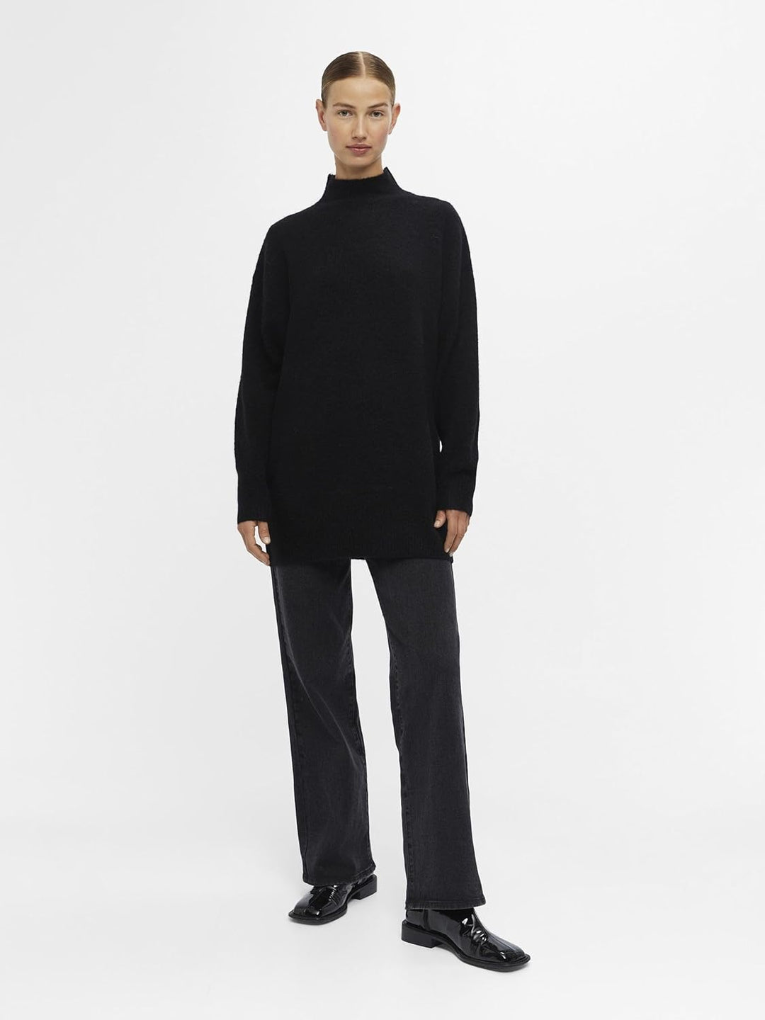 Object Damen Objellie L/S Knit Tunic Noos Pullover L Schwarz, L Schwarz