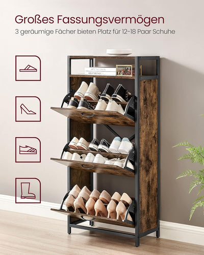 VASAGLE Schuhschrank mit 3 Klappen, Schuhregal, Schuhkipper, Schuhkommode mit 3 Fächern, Schuhablage