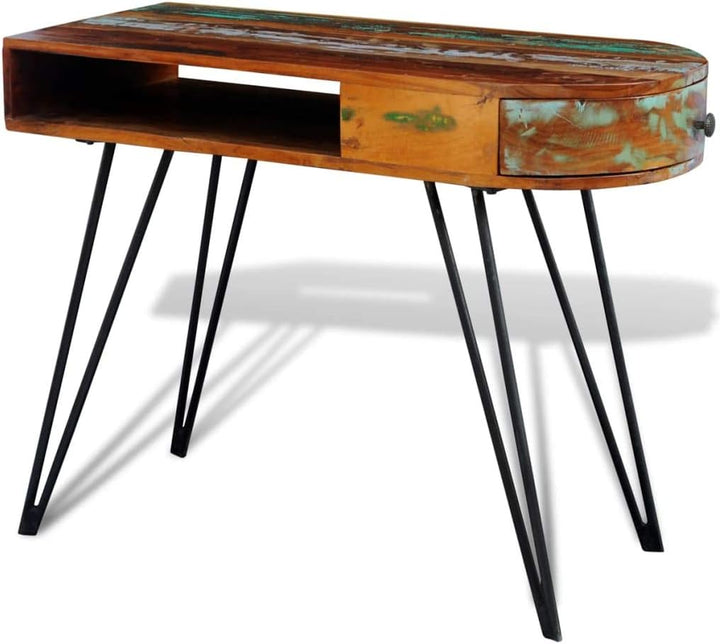 Retro Design Tisch, Reine Handarbeit, Vintage Konsolentisch Metallbeine & Schublade, Recyceltes Mass