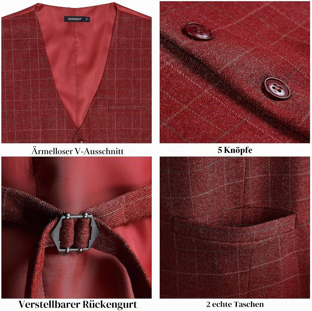 HISDERN Manner Formale Hochzeitsfeier Weste Baumwolle Plaid Kleid Anzug Weste für Herren Burgund XS,