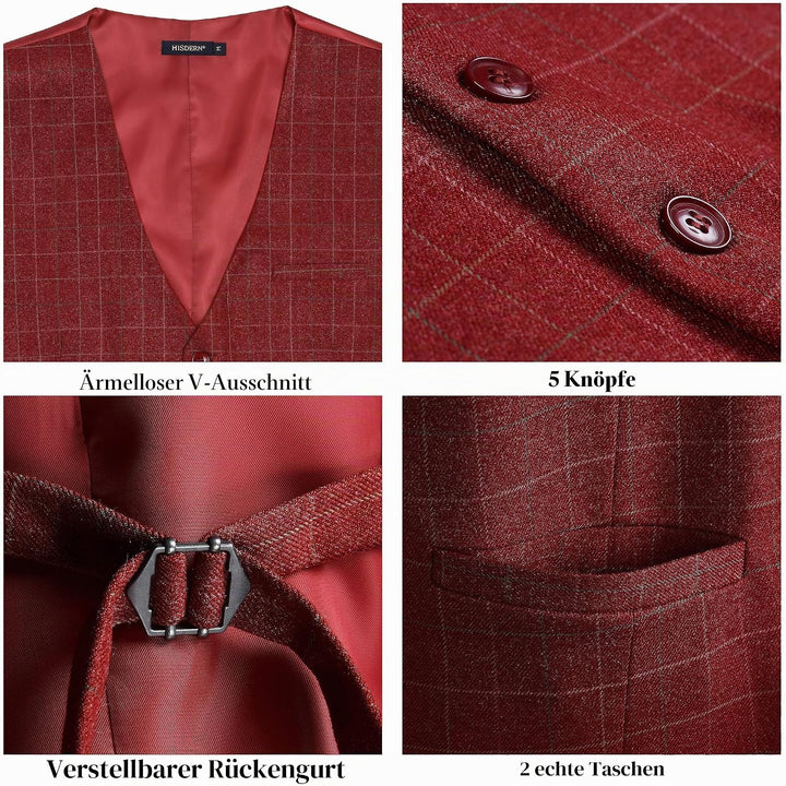 HISDERN Manner Formale Hochzeitsfeier Weste Baumwolle Plaid Kleid Anzug Weste für Herren Burgund XS,